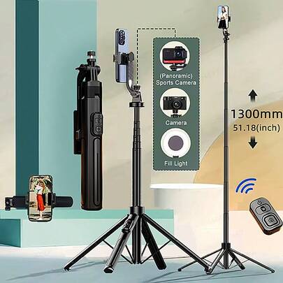 铝制自拍杆四脚支架带蓝牙遥控，多功能扩展可扩展手机支架四脚支架适用于智能手机灯相机，适用于所有 LPhone 和 Android