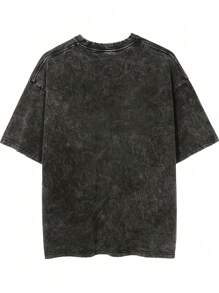 超大复古黑色棉质 T 恤，带有笑脸印花，宽松剪裁，时尚设计 - 黑色 - 查看 4