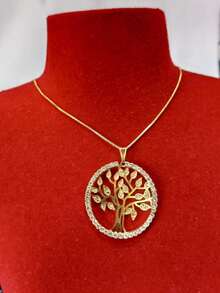 Necklace With Large Hollow Pendant, Tree Of Life Medal With Rhinestones - 金色 - 查看 4