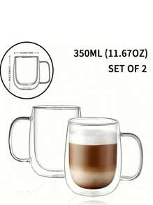 2 tazas de café de vidrio con doble capa aislante, ligeras y lujosas, con doble aislamiento, transparentes, con asas portátiles, adecuadas para capuchino, latte, té, bebidas calientes y frías, tazas de café, tazas de vidrio transparente