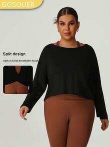 大码女式轻薄透气露背休闲健身运动长袖T恤罩衫黑色春季款 - 黑色 - 查看 2