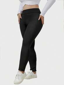 Women's Warm Fleece Lined Leggings, High Waist Design, Comfortable Stretch, Thermal Long Pants, Winter - Black - View 2