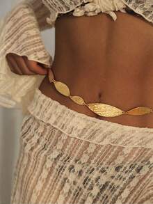 1件复古波西米亚风金属长叶拼接腰带装饰链条腰带连衣裙束腰带秋季、万圣节 - 金色 - 查看 2