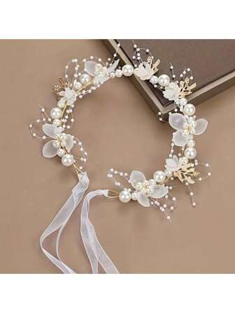 Faux Pearl Flower Beaded Headband, Elegant Floral Wreath Bridal Headpiece, Wedding Veil Hairband Accessory