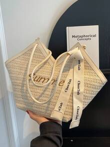 2024新款时尚小丑拼色设计褶皱纹理大容量双手柄单肩托特包，适合旅行、购物、通勤，带围巾装饰