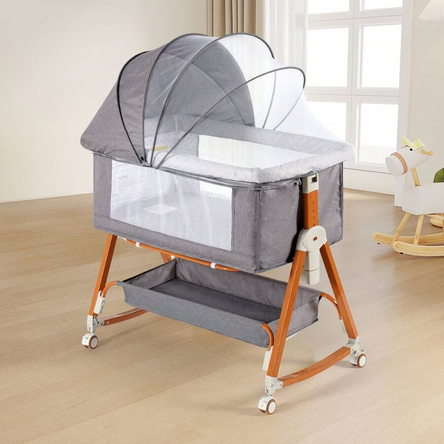 3-In-1 Baby Crib With Wheels,Baby Bassinet Featuring A Mosquito Net,Baby Cradle With Storage Baskets, Crib, Bedside Bed For Babies, Mosquito Prevention In Summer,6 Adjustable Height Settings, And Easy Folding Design,Baby Need,Baby/Newborn/Infant Stuff - 淺灰色 - 查看 1