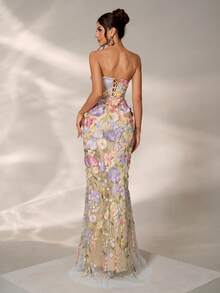 优雅花卉刺绣奢华无袖连衣裙，浪漫迷人的派对礼服 - 紫色 - 查看 2