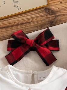 秋冬女婴套装：可爱彼得潘领衬衫、红色格子背带裙、蝴蝶结袜子、头带 - 紅色 - 查看 7