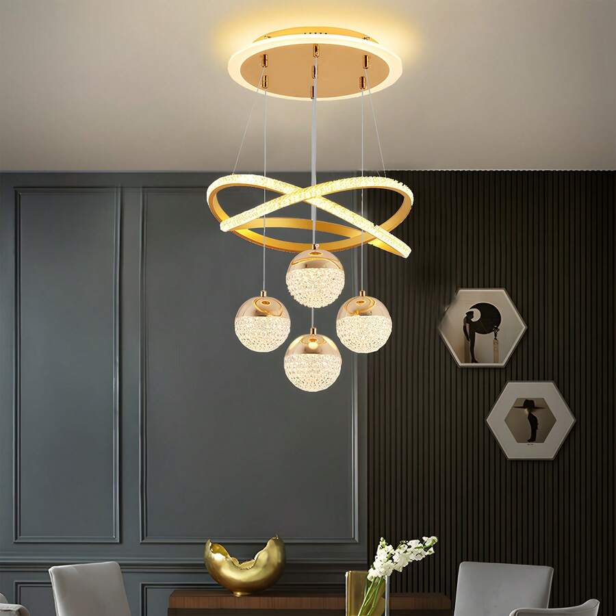 4-Head Acrylic Ball LED Ceiling Light - Crystal Accents, LED Tri-Color Variable Light -Adjustable Luxury Chandelier With Golden Metal Frame For Christmas Gifts, Holiday Office, Bedroom, Hotel, Party, Restaurant Decorati - 金色 - 查看 1