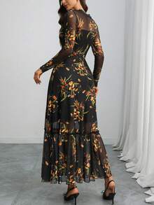 Women's Gothic Elegant Long Dress, Black Base, Colorful Floral Print, Mesh Round Neck Long Sleeve, Fitted Waist, Ruffle Hem Spring - Multicolor - View 6