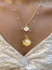 3-In-1 Shell, Starfish & Pearl Necklace Set (), Alloy + Copper Plated Iron Chain, Gold Color - Yellow Gold - View 2