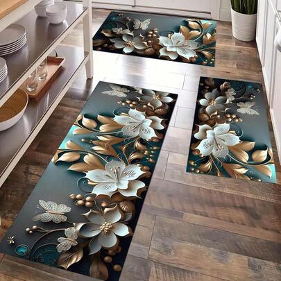 1pc/2pcs/3pcs Simple & Versatile 3D Crystal Floral Doormat, Elegant Floral Print Anti-Slip High Rebound Soft Mat, Waterproof Kitchen Mat, Stain-Resistant Rug, Machine Washable, Entrance, Kitchen, Laundry Room, Bathroom Absorbent Carpet, Room Decor