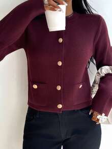 DEEKA Spring & Autumn New Casual Fashion Minimalist Gold Button Knitted Cardigan Sweater - Burgundy - View 3