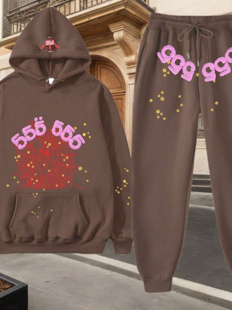 Spider Web Fashion Hip-Hop Printed Flower Hoodie, European And American  Brand Large-Sized Loose Men's And Women's Hooded Sweatshirt Set - 棕色 - 查看 1