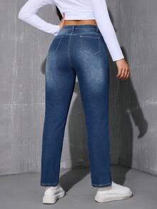 Winter Warm Thermal Lined Straight Leg Jeans - Medium Wash - View 3