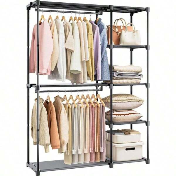 Free ShippingPortable Closet Freestanding Wardrobe Closet Organizers And Storage Open Clothing Racks For Hanging Clothes With 4 Shelves And 2 Hanging Rods47.8x15.8x63.4 Inches8502