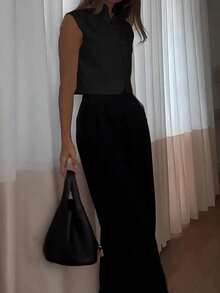 Áo tank top không tay thanh lịch dành cho nữ, chất liệu vải dệt màu trơn, kiểu dáng thường ngày mùa hè màu đen. - màu đen - Xem 6