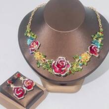 1 Set de Joyería para Mujer, Collar y Aretes de 3 Piezas Incrustados con Rhinestones, Elegante y de Moda, Adecuado para Novia, Boda, Banquete y Ocasiones Formales