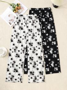 Dwuczęściowy damski komplet piżamowy z nadrukiem w gwiazdy – spodnie dresowe ze ściągaczem w pasie, ubrania na jesień