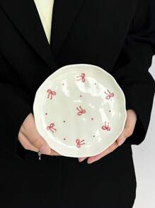 1pc Ins-Style Handpainted Asymmetrical Ceramic Plate, Cute Cartoon Cherry Heart Plate, Dessert Snack Dish, Afternoon Tea Cake Plate, Western Dinnerware, Steak Pasta Plate, Fruit Salad Plate, Holiday Gift For Family & Friends