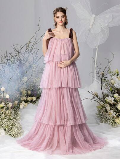 Faeriesty Dressalisa 孕妇拖地长款晚礼服，配有腰带 - 孕妇多层薄纱裙，优雅春秋特殊场合礼服