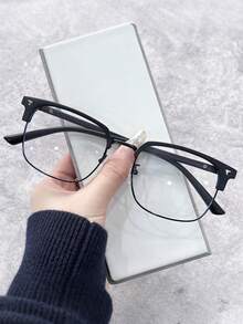 1 Pair Of High-Definition Anti Blue Light Glasses, Retro Men's Transparent Lens Glasses, Fashionable Half Frame Flat Light Glasses - 黑色 - 查看 13