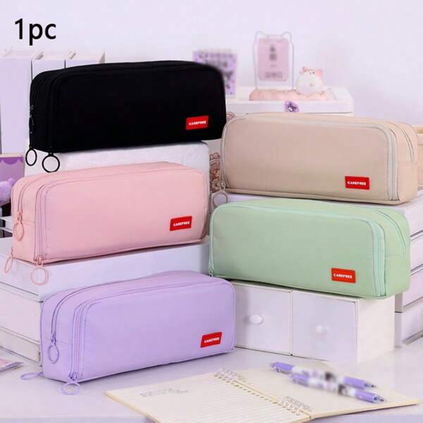 1 قطعة حقيبة يد نسائية جديدة بلون أحادي من مادة الأكسفورد ذات ثلاثة سحابات، حقيبة أقلام للطلاب للاستخدام اليومي في المدرسة