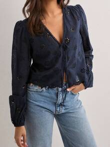 Women Long Sleeve Crop Shirt Solid Color Eyelet V-Neck Tie Front Button Down Tops Streetwear For Casual Daily - Navy Blue - View 1