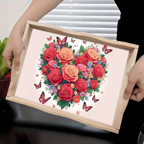 طقم رسم الماس DIY مع صينية، تصميم وردة قلب فاخرة وفراشة - ألماس أكريليك بشكل غير متماثل، صينية خشبية بموضوع كرتوني مناسبة لتجمعات العائلة، ديكور الإفطار، القهوة، الشاي، التخزين، لوازم الحفلات، ديكور المنزل