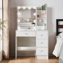 80cm Vanity Dressing Table Set With LED Mirror, Drawers & Crystal Pull, Open Multi-Level Shelves, Color Lighting Modes & Dimmable, White Dressing Table 10 Bulbs LED Sliding Mirror Set Vanity Desk Cabinet, Modern Bedroom Furniture