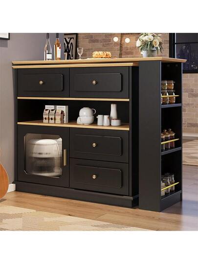 Sairedel Extendable Bar Tafel Storage Space (125 181*39*104.5cm), 360° Rotatable Dining Table, Moderne Movable High Kitchen Isl Bistro Sideboard Cabinet Shelves Glass, Zwart view 5