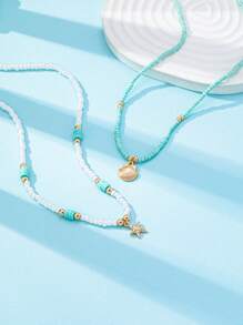 2 Peças Conjunto de Colares com Contas de Semente em Estilo de Férias de Verão, Pingente de Estrela do Mar, Colar de Concha, Joias Femininas da Moda Adequadas para Uso Diário, Praia, Viagem