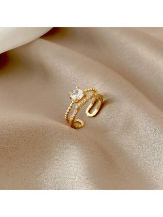 1 pièce Bague de style vintage de luxe à double couche avec pierre en zircone, conception de niche