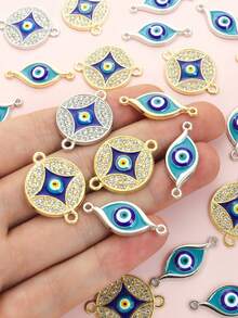 10 件邪恶之眼设计几何连接器饰物，镶嵌闪亮水钻，铜币/土耳其恶魔之眼形滴油合金双吊坠 - 护身符和幸运珠宝手链项链钥匙扣 DIY 配件 - 非常适合手工制作的创意特色工艺项目 - 惡魔之眼 - 查看 7