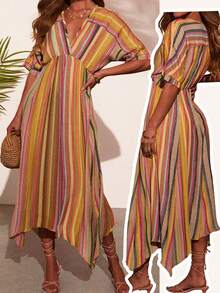 女式夏季条纹波西米亚不对称/不对称结饰沙滩裙 - 彩色 - 查看 1