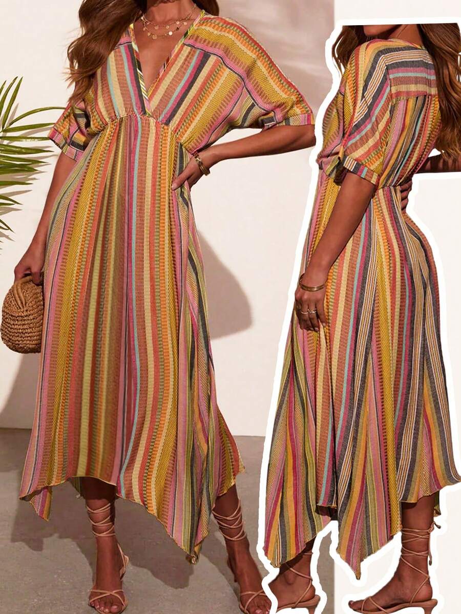 女式夏季条纹波西米亚不对称/不对称结饰沙滩裙 - 彩色 - 查看 1