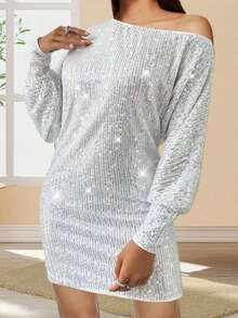 Vestido mini ajustado con un hombro descubierto, con lentejuelas, de manga larga y estilo elegante para mujer - Blanco - Ver 5