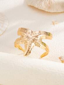 1pc Vintage Fashionable Exaggerated Creative Metallic Gold Starfish Cuff Bracelet, Simple Thick Adjustable Open Cuff Bracelet For Women, Daily Wear, Beach Resort Decor, Banquet And Party Fashion Accessory, Charm Jewelry Gift - Yellow Gold - View 6