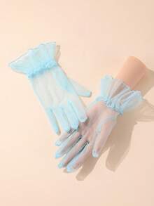 1 双浅蓝色优雅短款无指手套，适合女士晚间约会、歌剧、婚礼秋季配饰