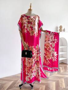 1pc Floral Print Chiffon Robe Set, Women Summer Beach Cover Up With Scarf, Sun Protection - Hot Pink - View 3