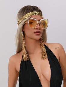 3pcs Disco Glitter Party Outfit Set: Sequin Headband + Rhinestone Sunglasses + Tassel Clip-On Earrings, Suitable For Cosplay, Halloween Party, And Daily Gatherings