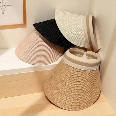 1pc Summer Khaki Top Straw Hat Outdoor Sunscreen Hat Beach Hat Summer