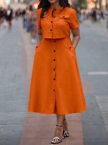 2pcs/Set Casual Round Neck Short Sleeve Buttoned Crop Top And Single Breasted Pocket A-Line Skirt Outfit