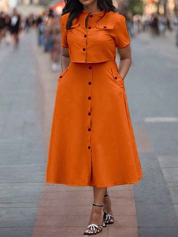 2pcs/Set Casual Round Neck Short Sleeve Buttoned Crop Top And Single Breasted Pocket A-Line Skirt Outfit