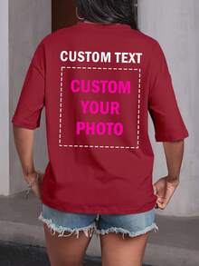 Customized Personalized Gift, Customized Women's T-Shirt, Customized Front And Back Pattern Top, You Can Add Your Photo (Pattern/Logo/Family Photo/Selfie/Pet/Couple Photo), Back Can Add Text And Photo, Choose Your Favorite Text, Design Your Own Personalized Printed T-Shirt As A Gift For Girlfriend, Couple Matching T-Shirt, Etc. Summer,Gym Wear Sports - Burgundy - View 2
