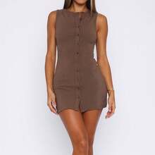 Women's Summer Tank Dress Solid Color Sleeveless Round Neck Button Down Mini Bodycon Dress - Brown - View 1