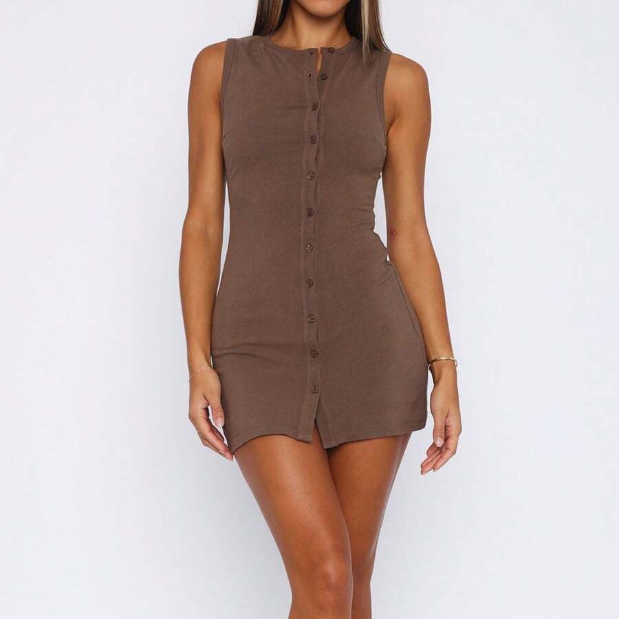 Women's Summer Tank Dress Solid Color Sleeveless Round Neck Button Down Mini Bodycon Dress - Brown - View 1