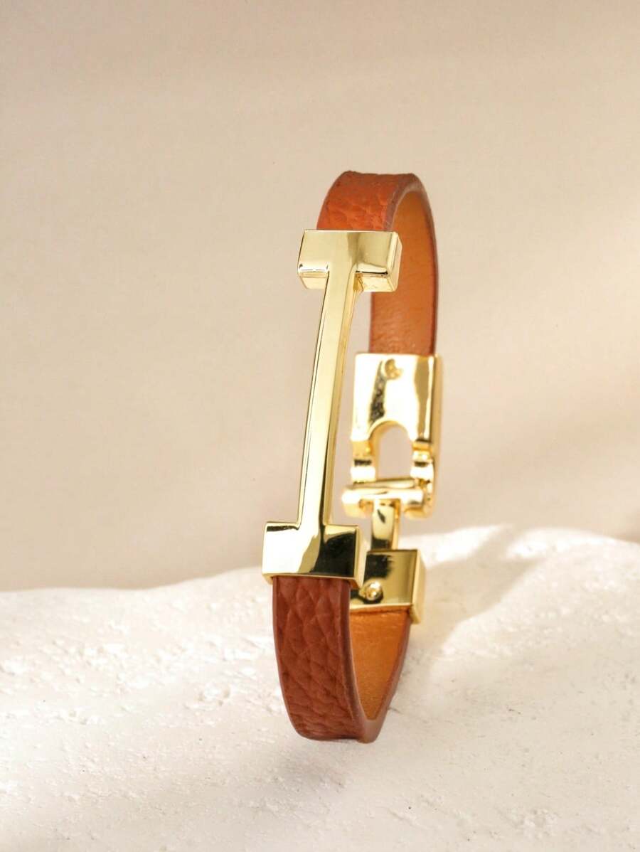 1pc Fashionable Gold Letter Leather Bracelet, Personalized Charm Gift For Girlfriend - Coffee - View 1