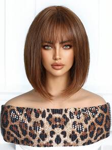 12英寸酒红色波波头假发，带刘海，采用自然逼真的合成纤维制成，适合日常佩戴、派对、舞会和角色扮演。 - 棕色 - 查看 4