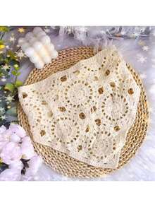 1pc Hollow Flower Pattern Bandana Triangle Scarf, Women Countryside Style Headwear Hair Accessory Beach Decor, Vintage French Headband New Collection Elegant Hair Bands, School Stuff, College, Headbands Hair Accessories Autumn Accessories Fall Winter For Vacation Outfits Woman - Beige - View 4